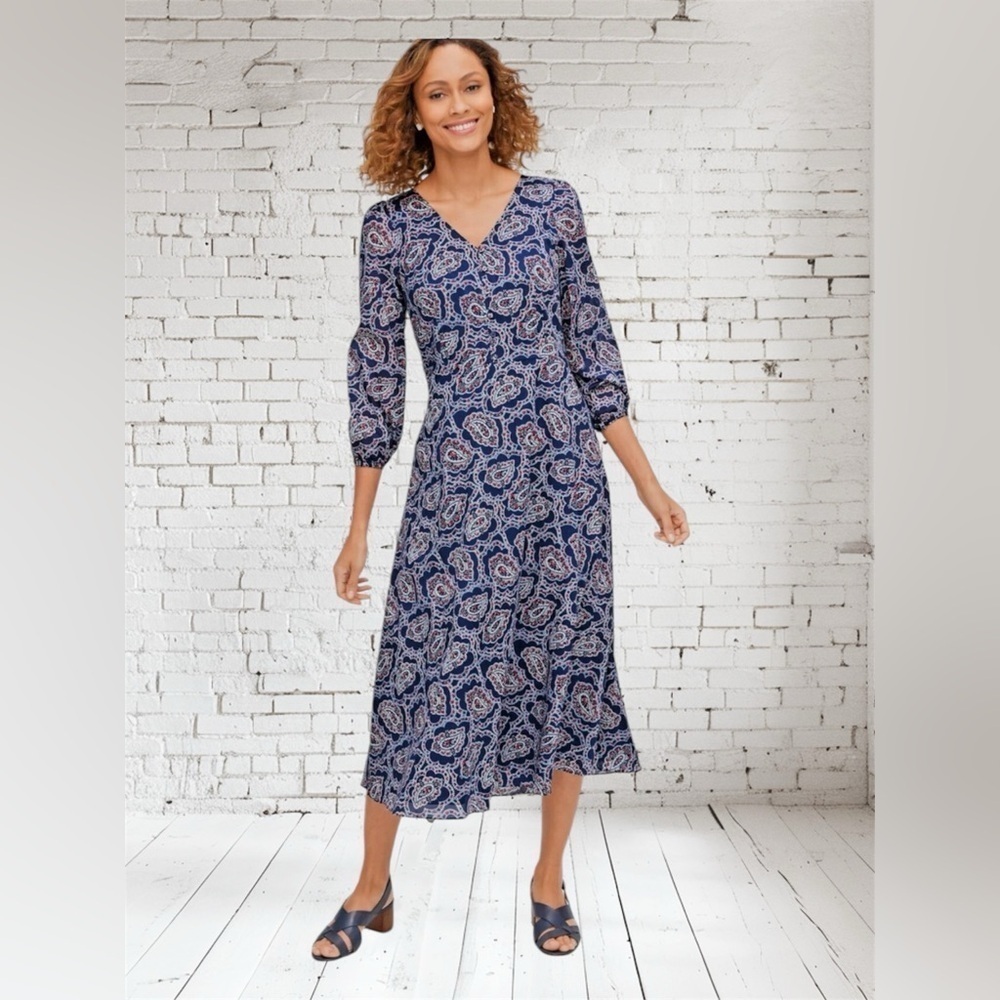 Talbots Fully Lined Cotton Navy Paisley Fit & Flare Dress Sz 8 $169 Retail